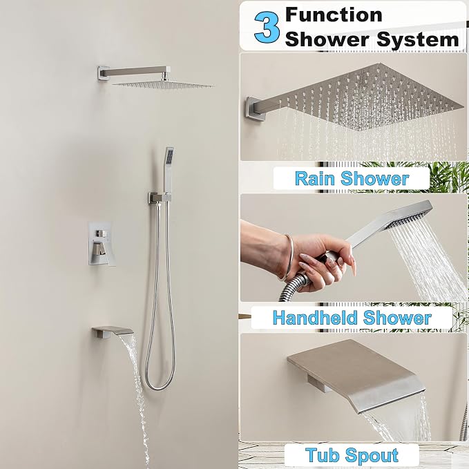 Brushed Nickel Shower System with 12-Inch Rain Showerhead and Tub Spout | cUPC-certified pressure balance brass valve to prevent scalding, CEC-certified air injection technology for low pressure