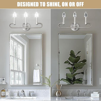 Farmhouse and Modern Bathroom Lighting Fixtures Over Mirror, 3 Light Brushed Nickel Bathroom Vanity Lights, Crystal Bathrooms Wall Sconces(Includes Bulb)