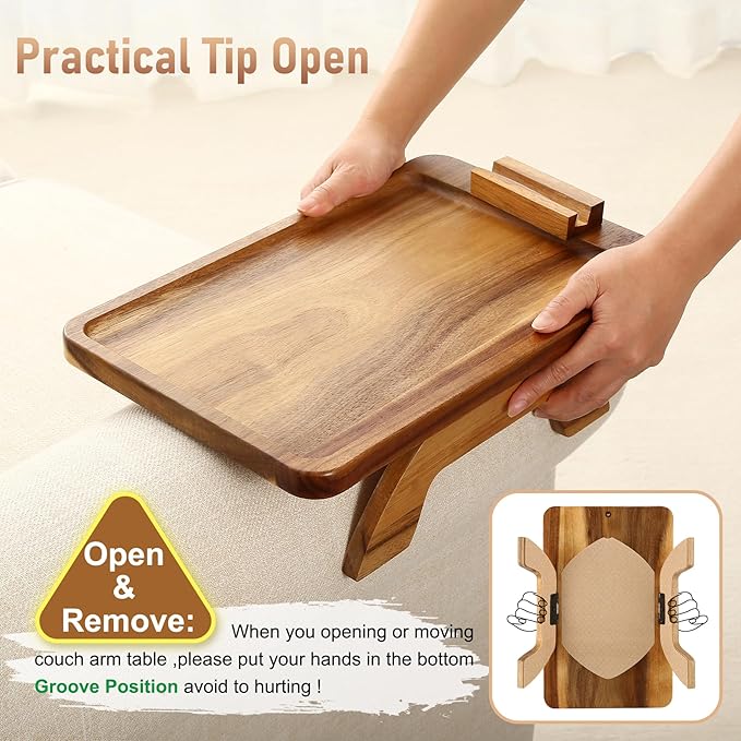 SINWANT Couch Arm Table, Acacia Wood Sofa Arm Rest Tables Couch Armrest Table