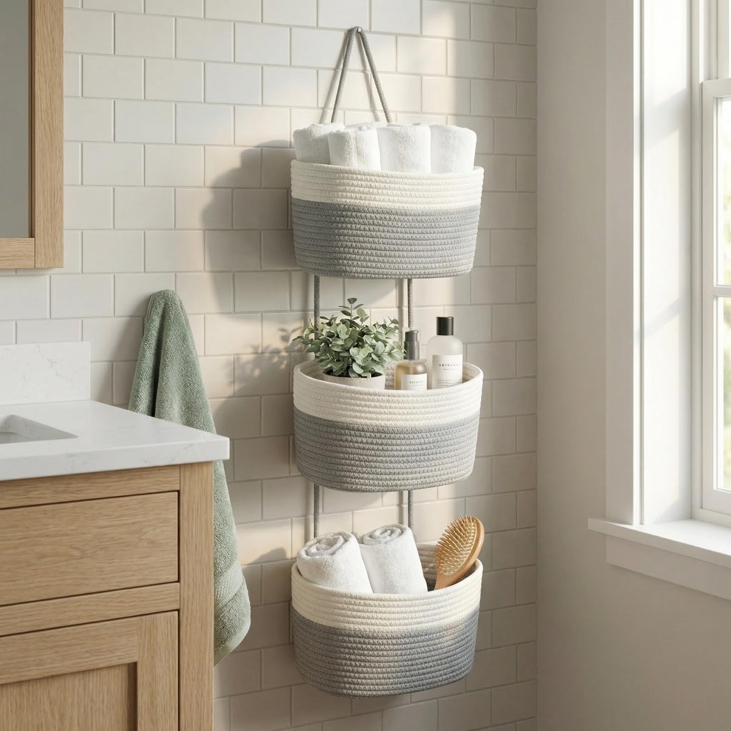 Wycoroy 3-Tier Woven Cotton Rope Hanging Basket, Over the Door Organizer, Adjustable Detachable Wall Basket with Metal & Adhesive Hooks, No Drilling for Farmhouse, Boho Home and Wall Decor