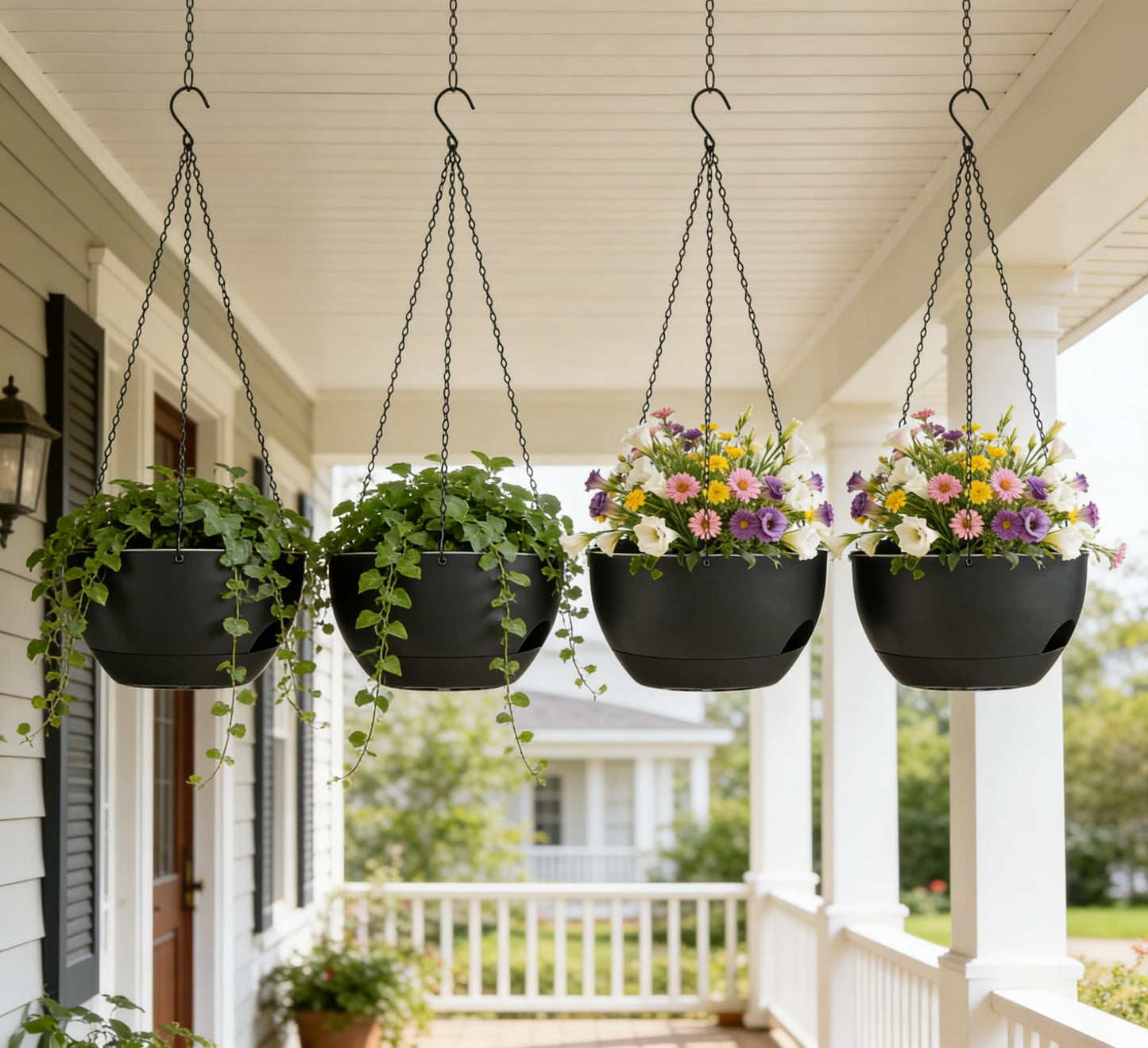 zople Set of 4-8 Inch Self Watering Hanging Planters for Indoor Outdoor，Hanging Plant Pots with Drainage & Removable Tray, Hanging Pots Holder for Ivy, Pothos, Ferns, Balcony & Patio, Black