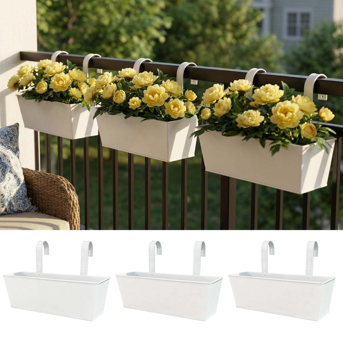 LaLaGreen Rail Planter (16 Inch, 3 Pack) Rectangular Metal Hanging Flower Railing Fence Balcony Gardening for Apartment Patio Planters Modern Garden Style Porch Decor Iron Outdoor Deck Decoration