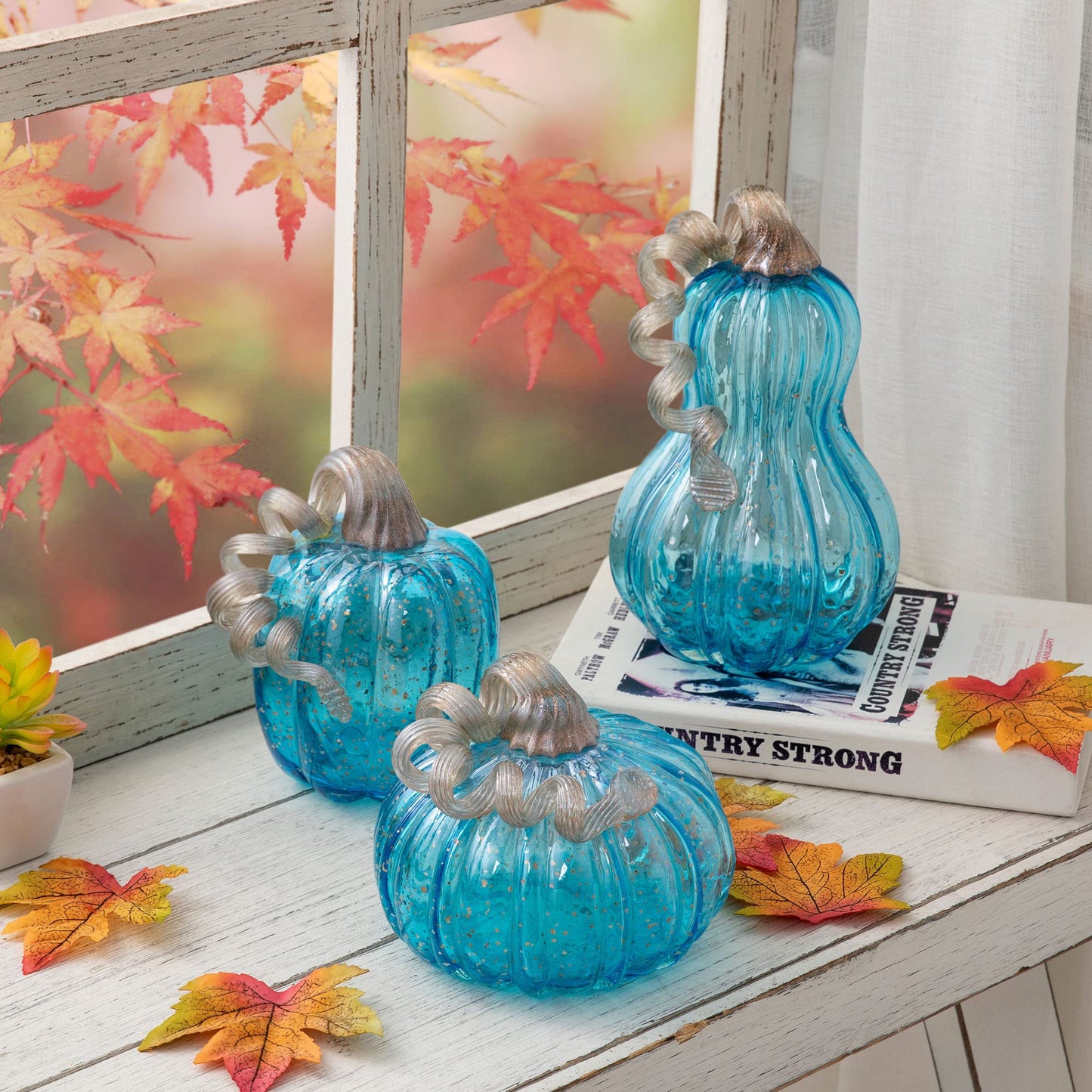 Glitzhome Hand Blown Glass Pumpkin Decor 6" Blue - Artisan Fall Table Centerpiece for Thanksgiving Harvest Home Decor Halloween Displays