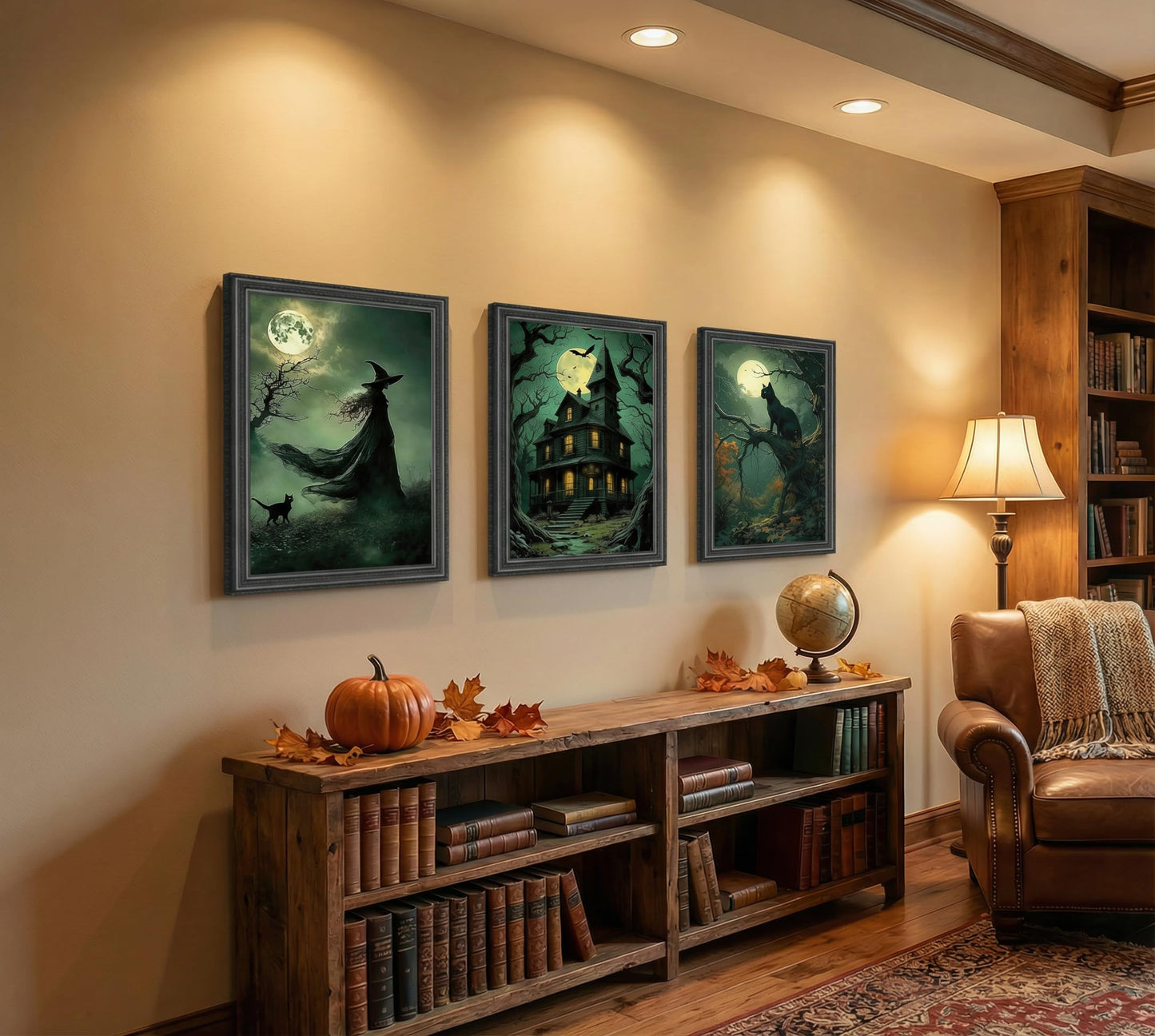 3pcs Halloween Canvas Wall Art Dark Academia Scary Witch Black Cat Castle Posters Prints Thriller Horror Green Gothic Wall Decor Pictures for Halloween Party House Decoration Unframed