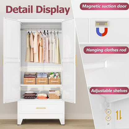 GAIOUS Metal Armoire Wardrobe Closet Cabinet with 2 Doors and Drawer, 71" | Household Wardrobe Cabinet with Hanging Rod, Clothing Storage Cabinet with Adjustable Shelf for Bedroom Cloak Room Gym White
