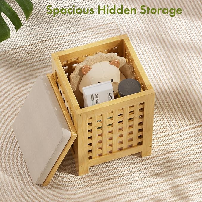 Bamboo End Table with Removable Cushion and Hidden Storage, 2-in-1 Ottoman Side