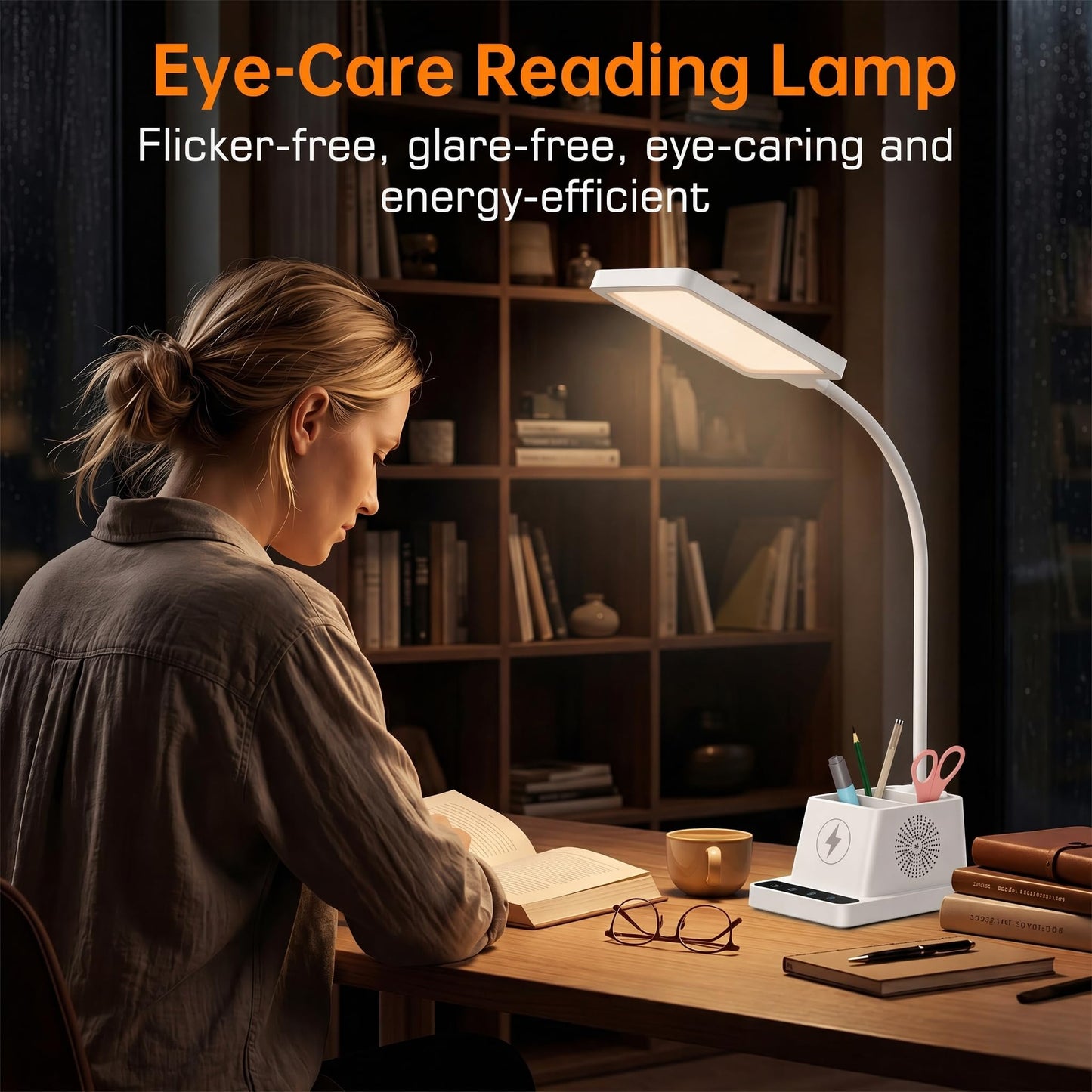 cozoo Desk Lamp, LED Desk Lamps for Home Office with 15W Wireless Charger/Organizer,Desk Lamp for College Dorm Eye-Caring Study Light,Gooseneck Table Lamp with Pen Holders/Storage,12 Lighting Modes