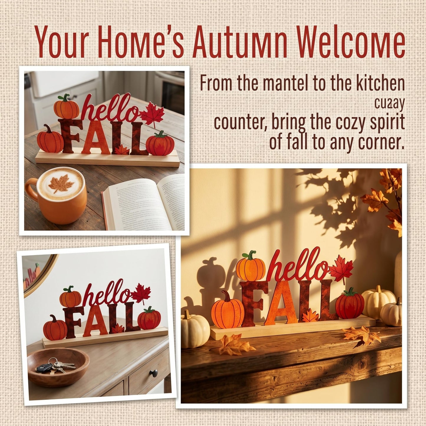 LianheCy Hello Fall Metal Sign with Wooden Base Freestanding Rustic Pumpkin Tabletop Decor Tiered Tray Centerpiece Autumn Decorations for Home Mantel Shelf Fireplace Office
