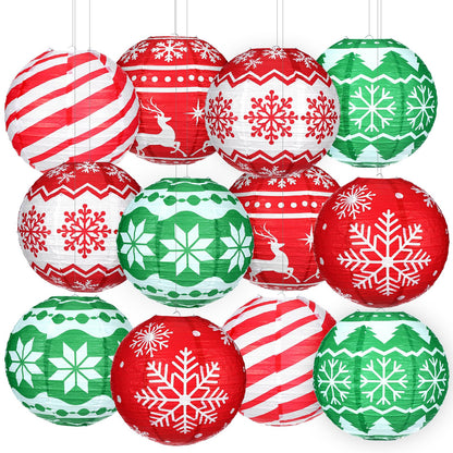 Bencailor 12 Pcs Summer Christmas Hanging Paper Lanterns Set Xmas Decorative Party Round Hanging Lamps for Summer Xmas Home Decoration Supplies Props Holiday Decor(12 Inch,Noble)