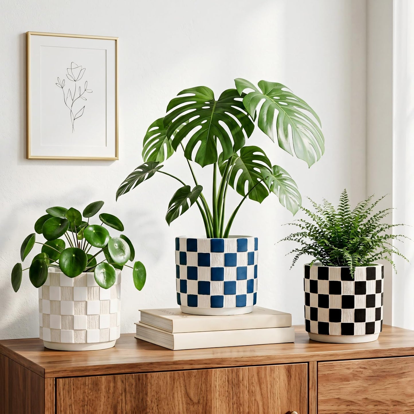 Nature Crafted 5.5 inch Ceramic Plant Pots with Drainage Hole Silicone Plug, Checker Ceramic Planters Flower Planter for Indoor Outdoor Home Garden Patio Office Gardening Desktop Windowsill, Blue