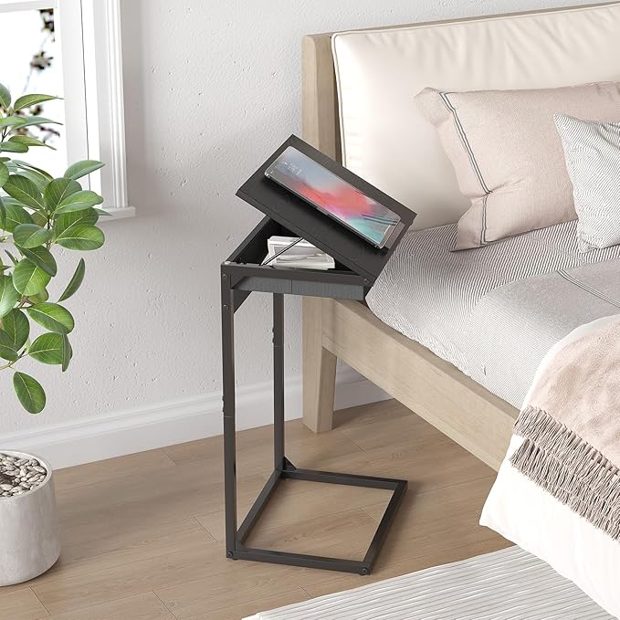 sthmec C Shaped End Table with Charging Station, 45° Tiltable Adjustable Flip
