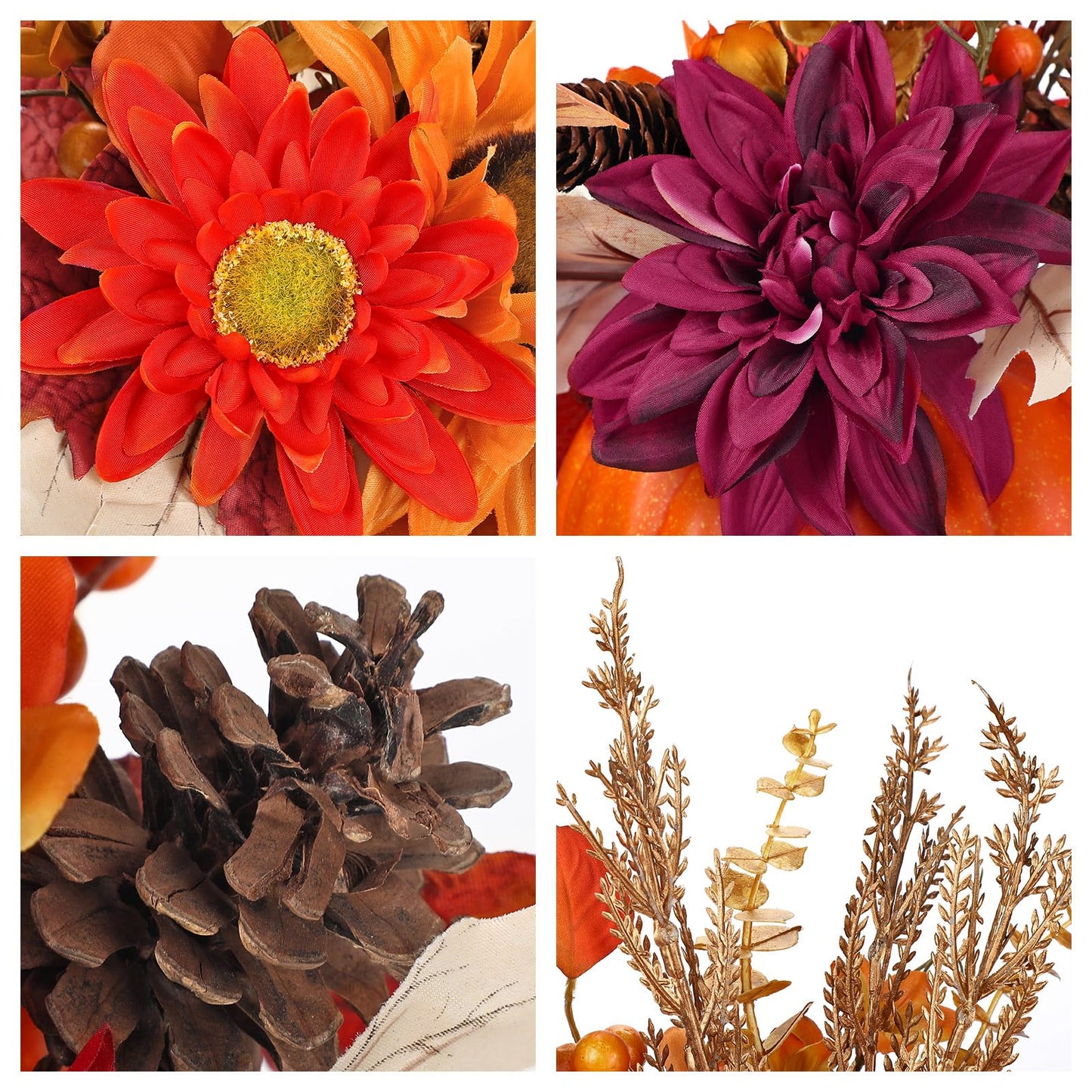 Arborus Artificial Pumpkin Fall Décor - Autumn Table Centerpieces with Red Faux Flowers, Maple Leaves, Sunflowers, Pumpkin – Halloween, Thanksgiving & Harvest Home Decoration