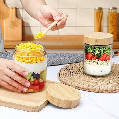 16oz Glass Jars with Lids, Overnight Oats Containers with Bamboo Lids, Wide Mouth Glass Mason Jar Food Storage Containers for Salad,Yogurt,Meal Prep,6 Pack
