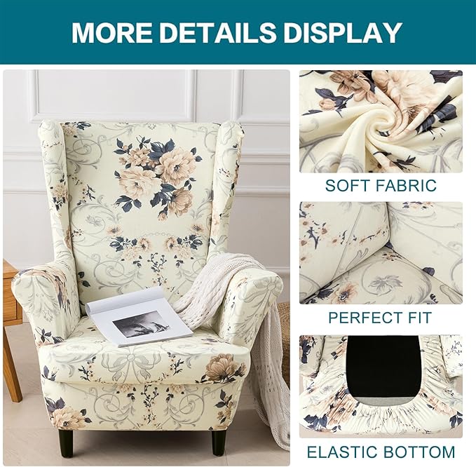KRFOONN Velvet Wing Chair Slipcovers 2 Piece Stretch Printed Wingback Chair