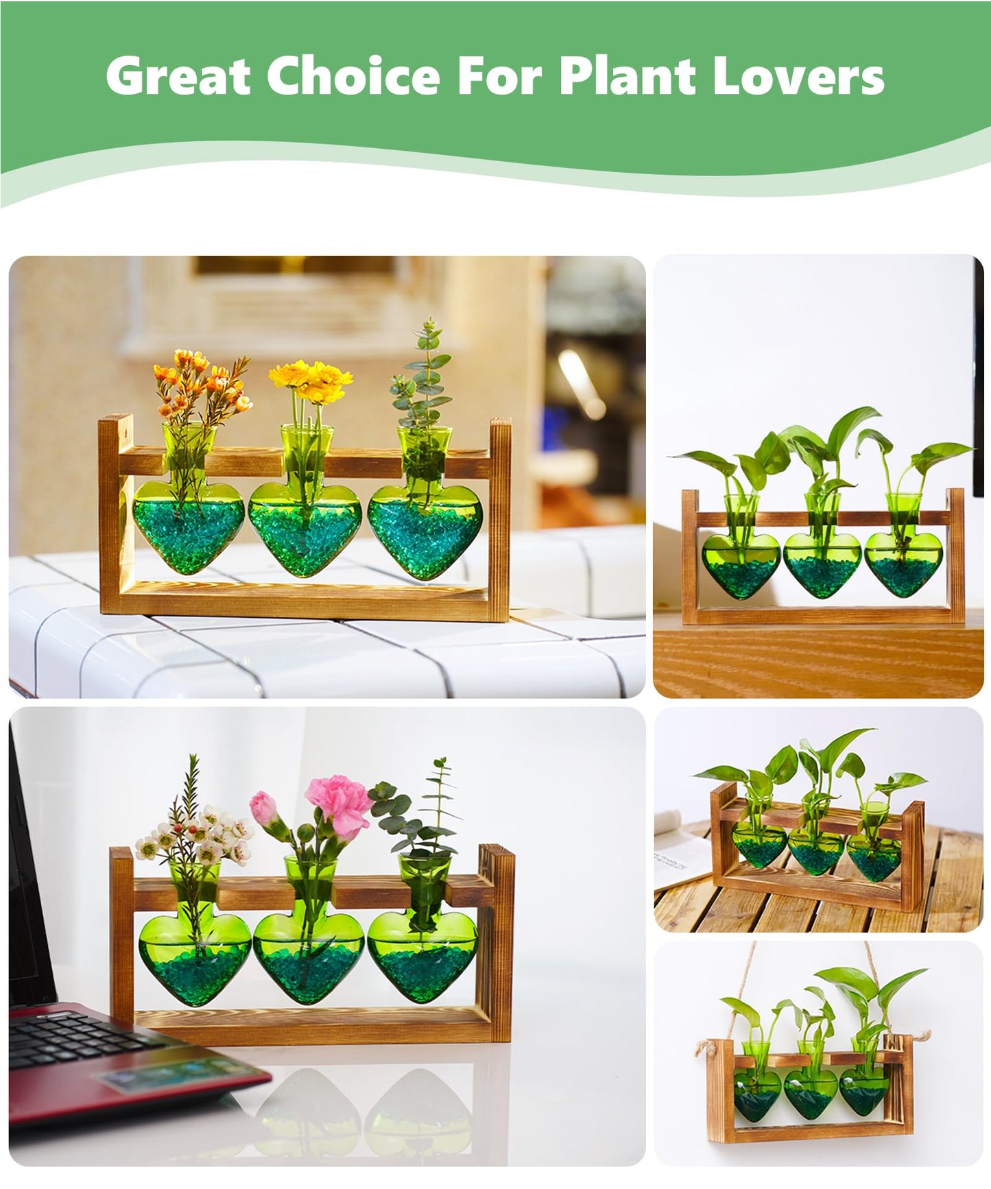 Nacome Plant Terrarium Propagation Stations: Mothers Day Gifts for Mom Plant Lovers Women Wife Daughter - 3 Bulb Glass Vase with Wooden Stand Tabletop for Hydroponics Home Garden Decor(Green)