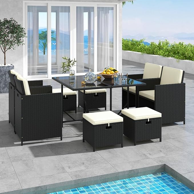 Tangkula 9 Pieces Outdoor Dining Furniture Set, Space-Saving Wicker Rattan