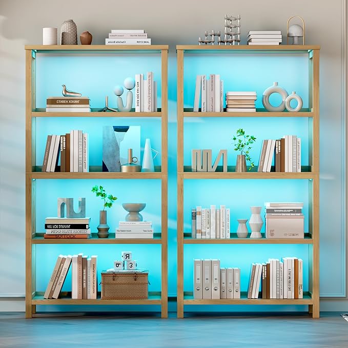 Vlsrka Wooden Bookshelf with Lights, 5 Tier Bookshelf with Storage, Tall