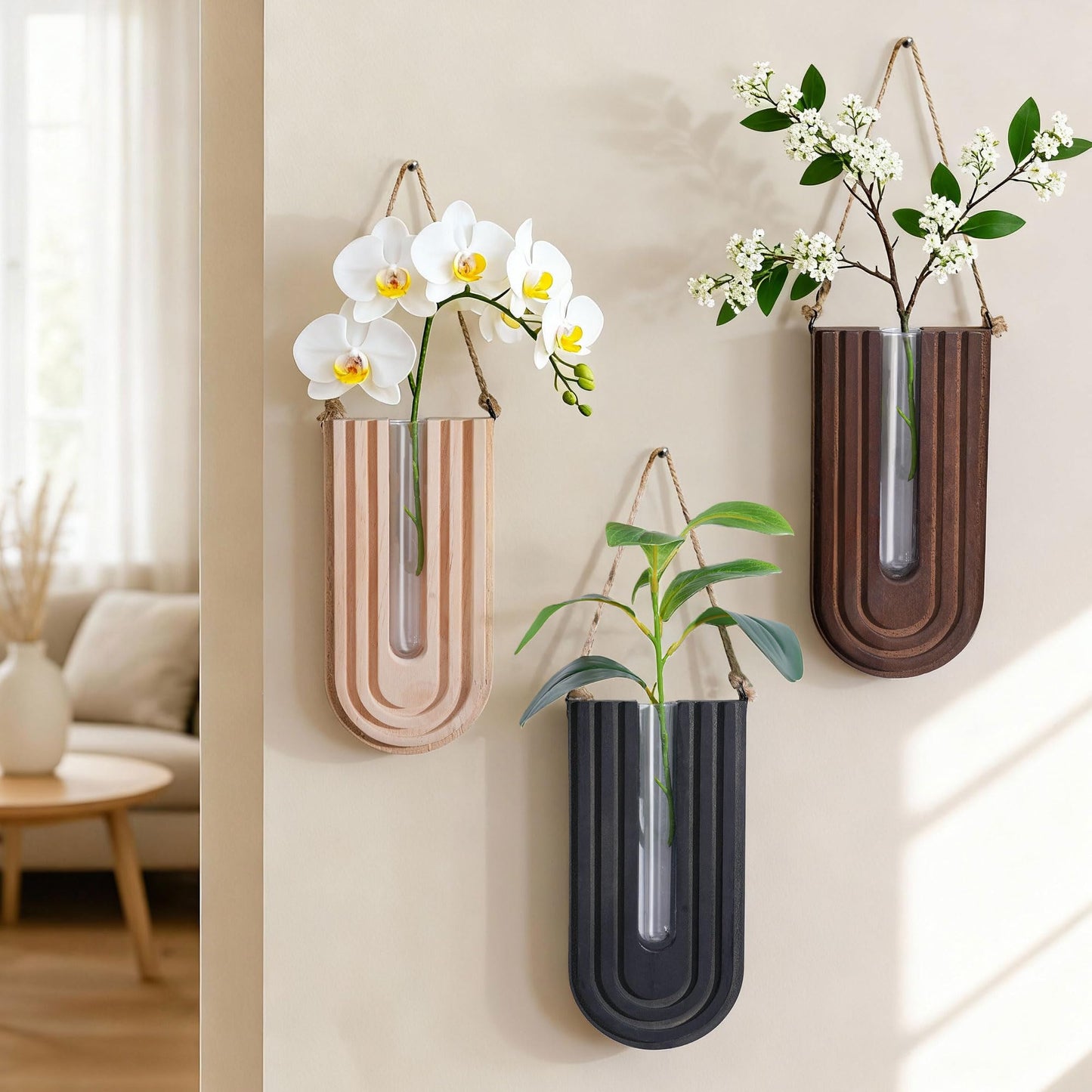 Wooden Wall Vase Set of 3, Propagation Vases Hanging Planters for Indoor Plants, Wall Mounted Vase Boho Modern Farmhouse Decor for Entryway Hallway