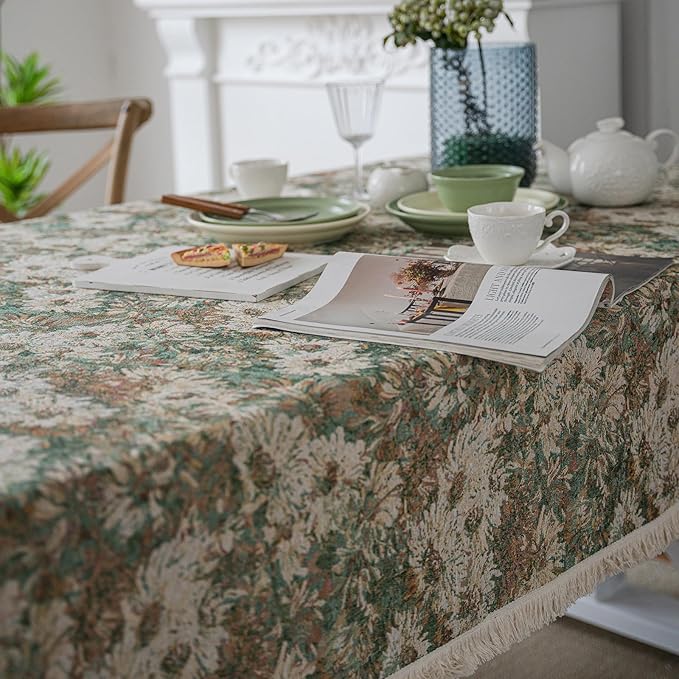 Aesthetic Green and Beige Floral Table Cloth, Linen Texture Table Cloth