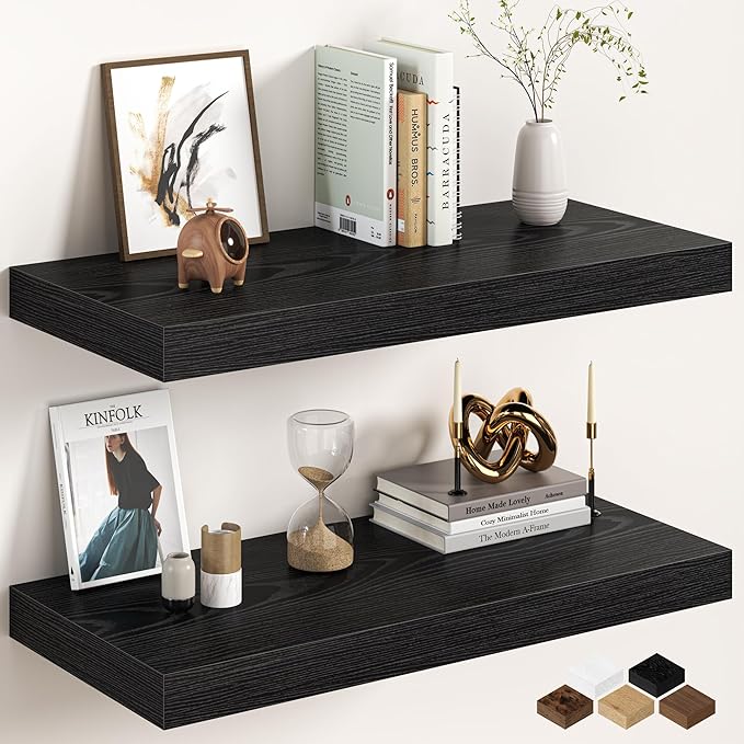 30Inch Black Floating Shelves for Wall, 12 Inch Deep Shelves for Bedroom