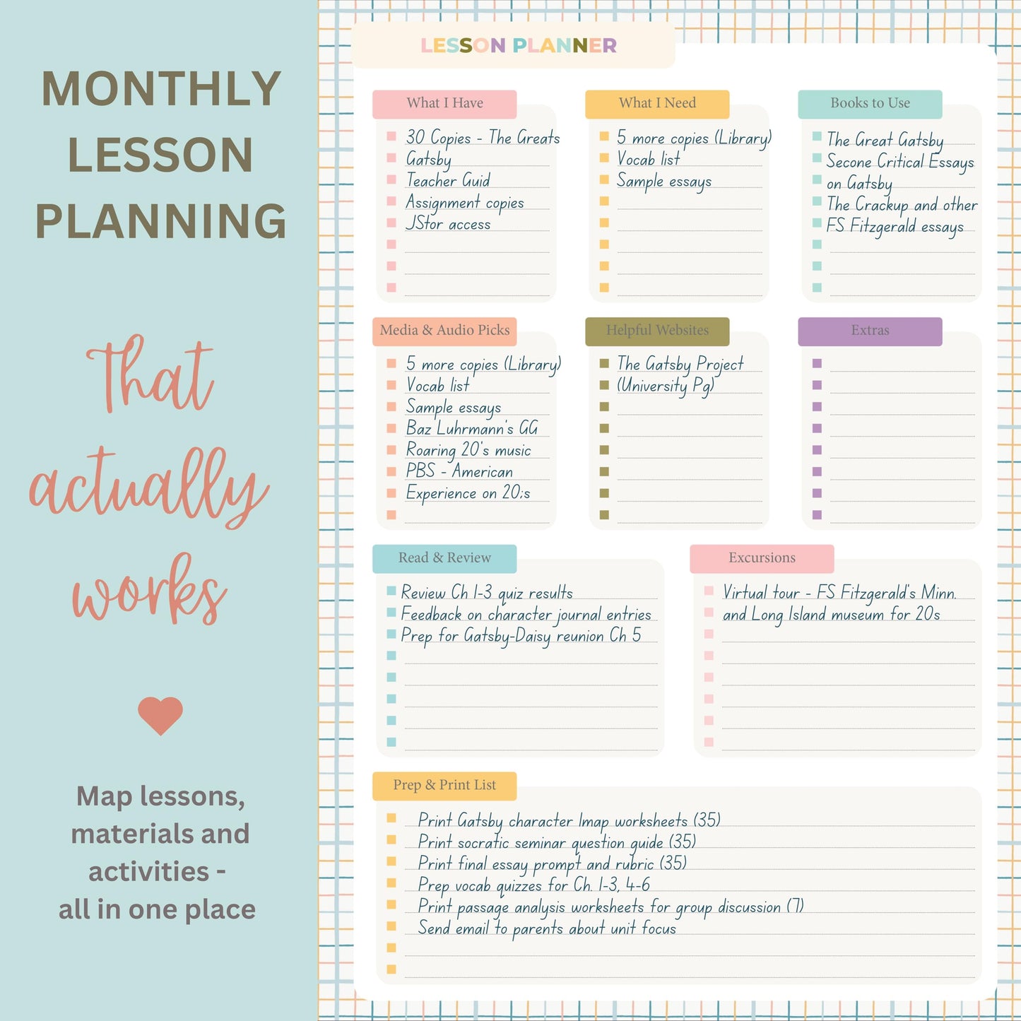 Undated Teacher Planner 8.5 x 11-12 Months & 52 Weeks | Colorful Checkerboard Cover | Monthly & Weekly Lesson Plan Book with Stickers, Storage Pocket & Snap-In Bookmark | Classroom Organizer