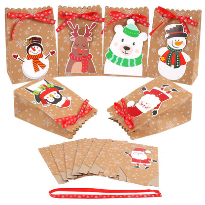 FINGOOO 24 Christmas Kraft Gift Bags,Mini 5x3x7 Inch Holiday Treat Bags Xmas Paper Goody Bags with Ribbon for Christmas Party Supplies (6 Designs)