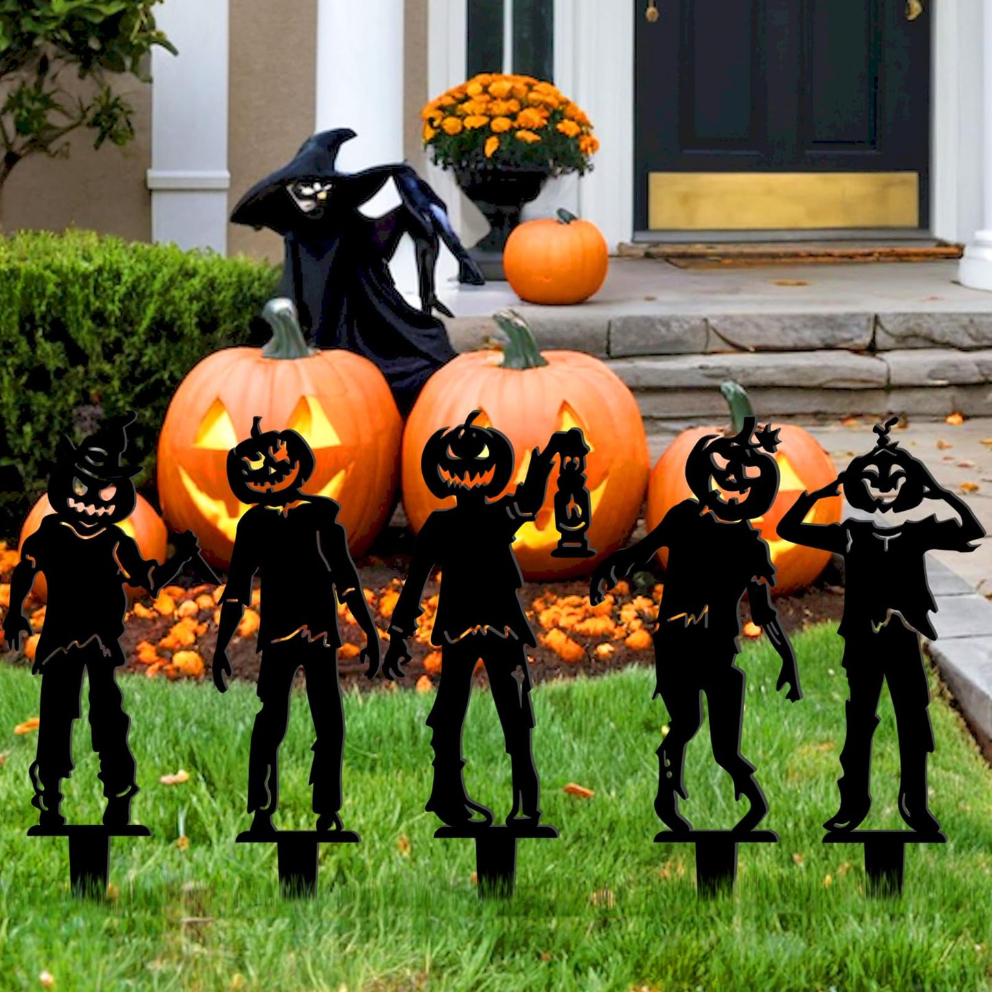 5 Pcs Metal Halloween Yard Signs Halloween Outdoor Decorations Black Metal Art Halloweens Yard Stakes Reusable Skeleton Lawn Sign for Zombie Holiday Party Supply Pumpkin Decor for Garden Prop