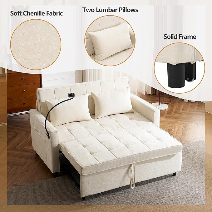 3 in 1 Convertible Sleeper Sofa Bed, 56.9" Small Pull Out Couch Bed