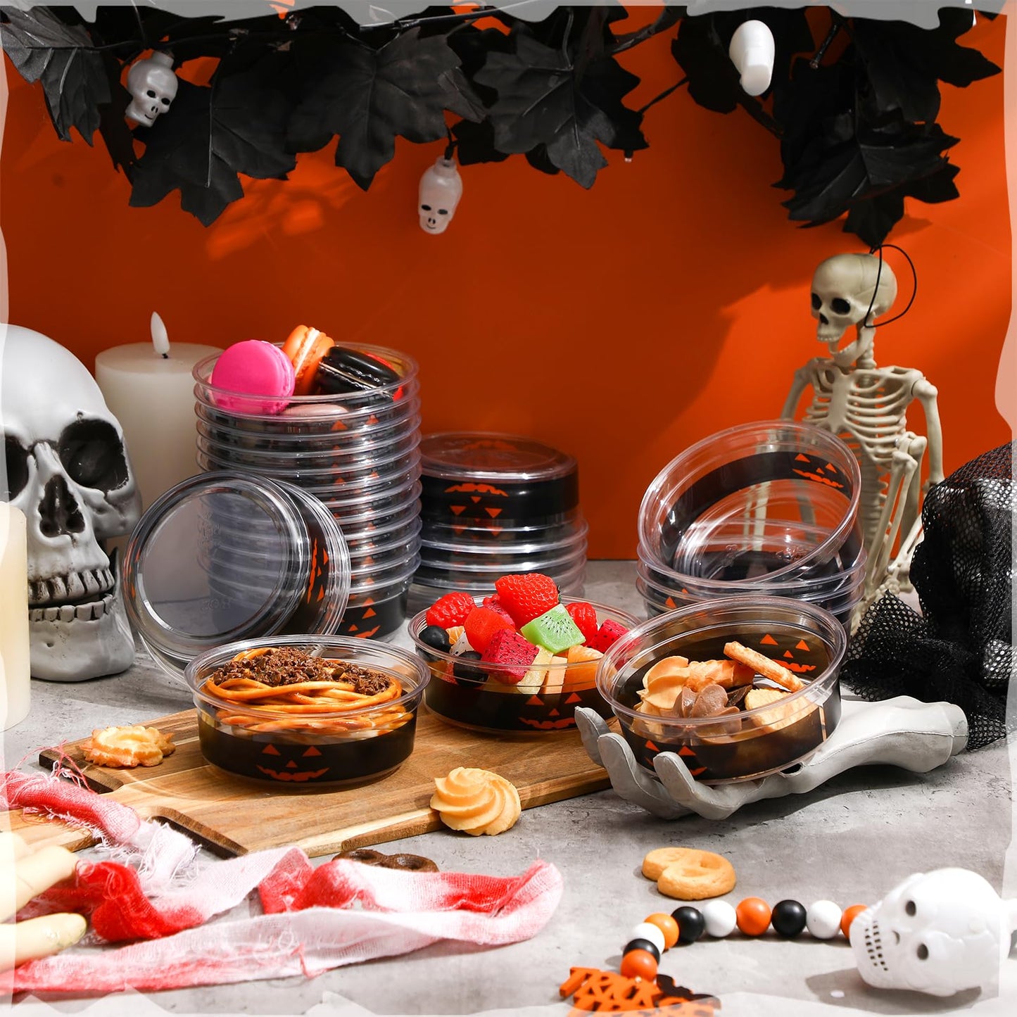 Mimorou 50 Pcs Halloween Candy Bowl Clear Plastic Serving Bowls 12 oz Pumpkin Tableware Decorations Salsa Containers for Halloween Party Favors Supplies
