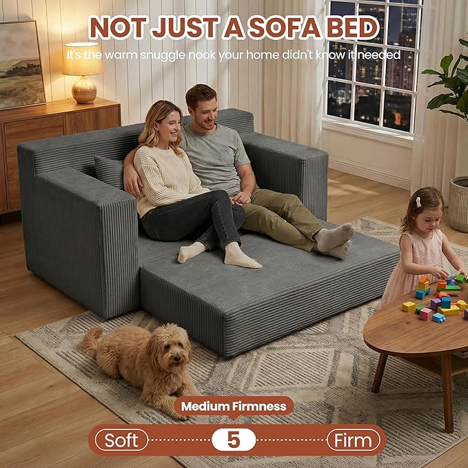 Convertible 5 in 1 Futon Sofa Bed Full Size, Corduroy Boneless Couch Sleeper