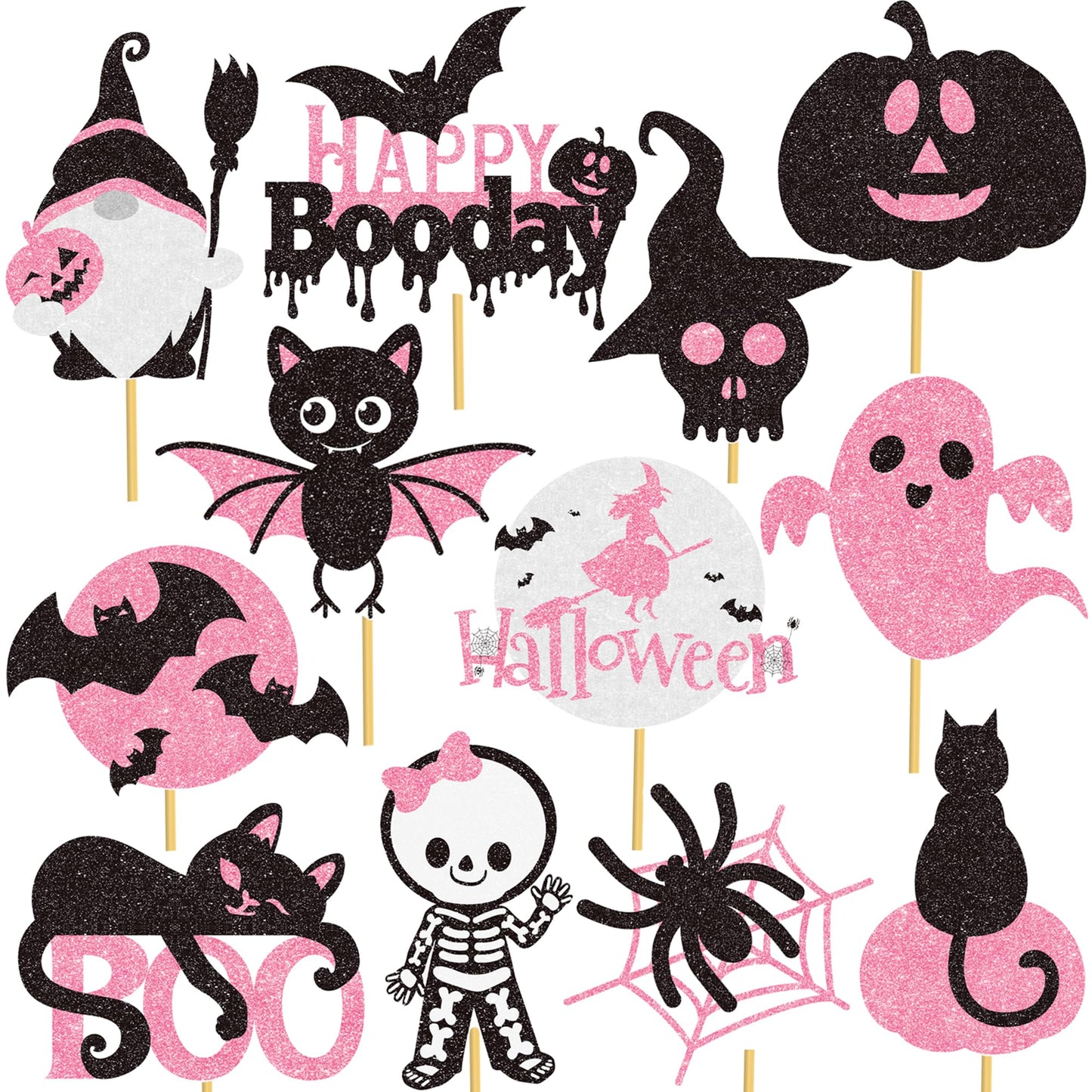 Halloween Happy Boo Day Party Decorations 24PCS Pink Black Pumpkin Ghost Centerpiece Sticks Happy Boo Day Table Toppers Halloween Birthday Party Supplies for Little Boo Baby Shower Decor