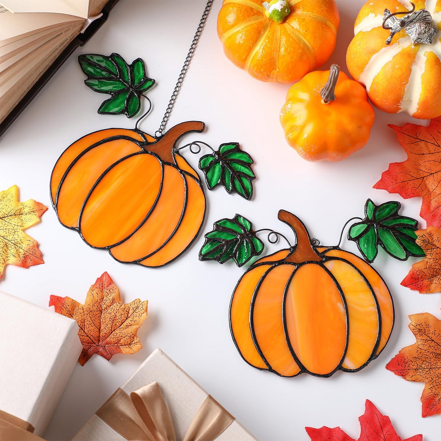 Yalikop 2 Pcs Thanksgiving Fall Pumpkin Suncatcher Decoration Halloween Pumpkin Stained Glass Window Hangings Sun Catcher for Office Party Home Decor Gifts Window Home Garden Fall Crafts Harvest Decor