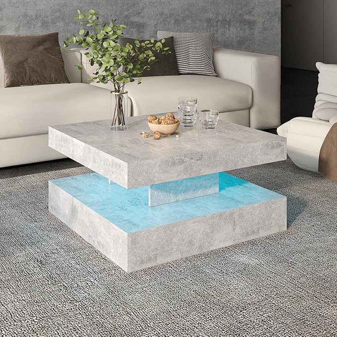 HedoAjim Grey LED Coffee Table for Living Room, Living Room Table 2-Tier Square