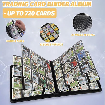 12 Pocket Ringless Side Loading Trading Card Binder, 720 Cards PU Fixed Page Zipper Card Album for TCG Sports Game Cards, Not Fit Top Loaders (Pink)