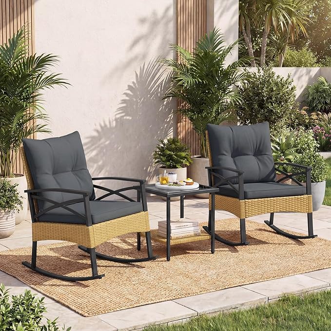 Tangkula 3 Pieces Outdoor Rocking Chairs Set, Rattan Heavy Duty Cushioned