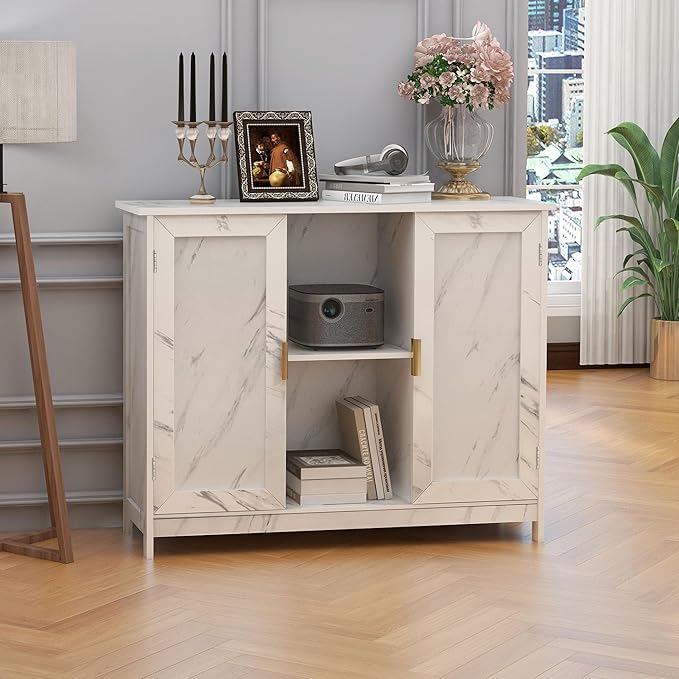 TaoHFE Marble Top Narrow Sideboard Cabinet, Modern White Marble Side Buffet