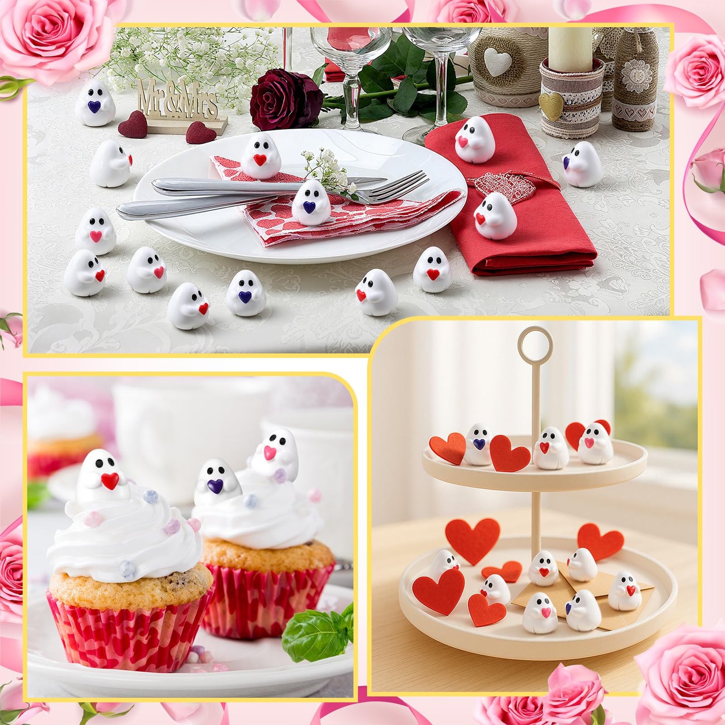 Soulchen 60 Pcs Mini Ghost Figurines Cute Miniatures Tiny Resin Ghost with Red Heart Little Small Resin Figures for Desktop Cake Landscape Decor Mother's Day Party Gifts(Pink,Purple,Red)