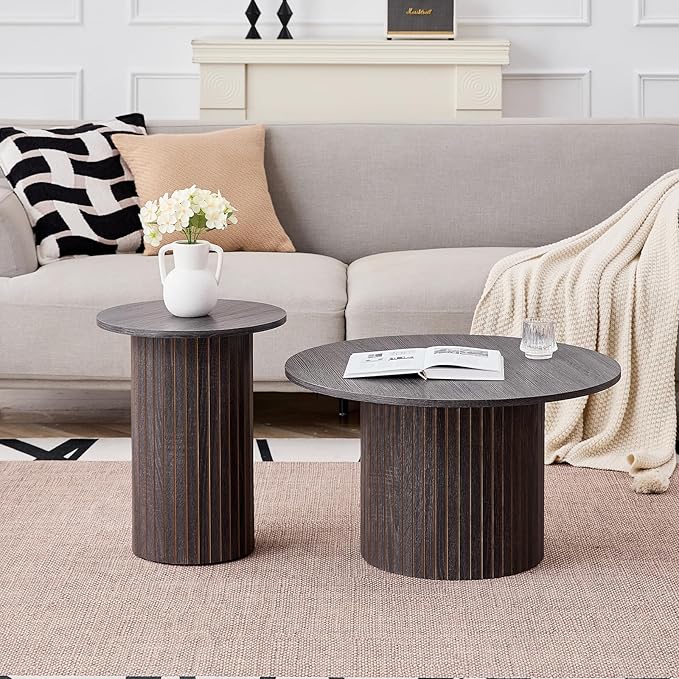 Round Nesting Coffee Table Set of 2 Mid Century Modern Wood Round Coffee Tables