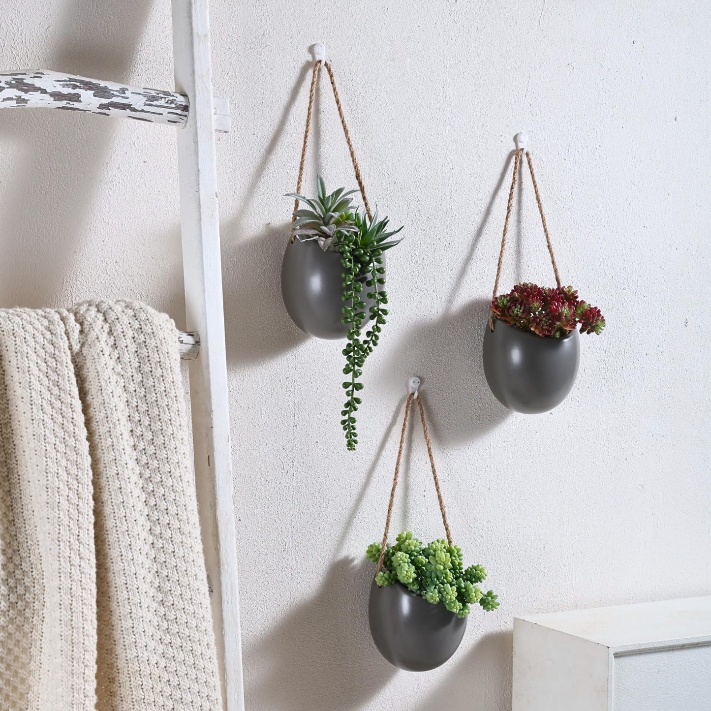 Kvetto Set of 3 Ceramic Wall Vases - Hanging Pocket Planters for Indoor Plants, Wall Decor for Entryway Hallway Bathroom Living Room Dining Room