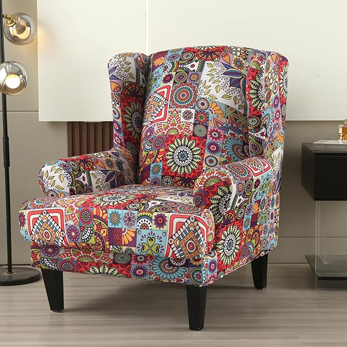 HAOYONG Wing Chair Slipcovers Elastic Boho Printed Wingback Chair Covers 2
