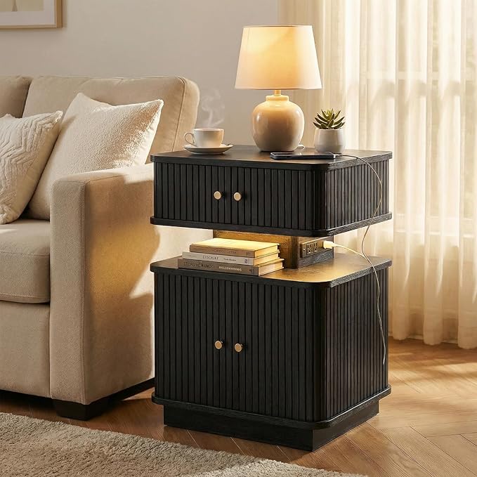 LED Nightstand Set of 2, Fluted Night Stand