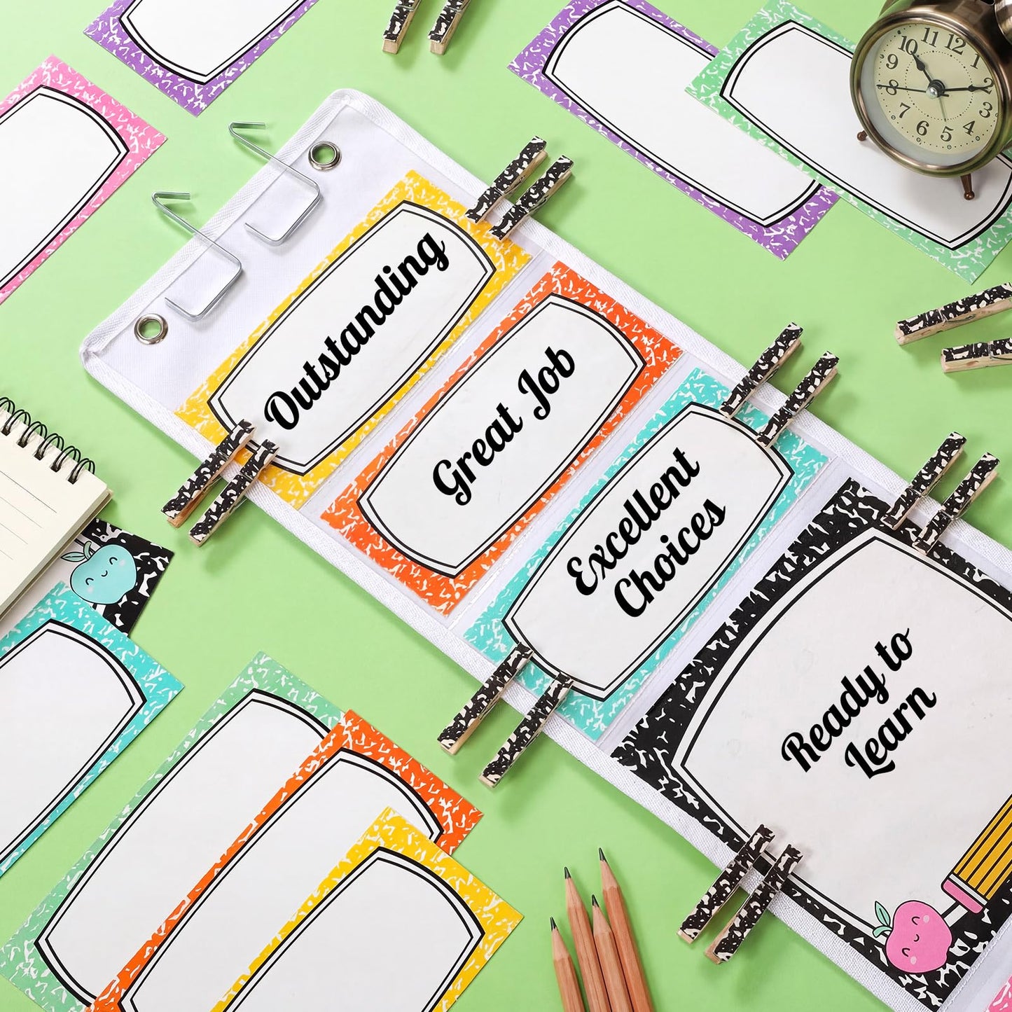AmazingSpark 57 Pcs Classroom Behavior Chart for Student Management Kids Tracking Chart Hanging Creative Bulletin Board with 40 Clips for School Preschool Child Care(Composition Book)