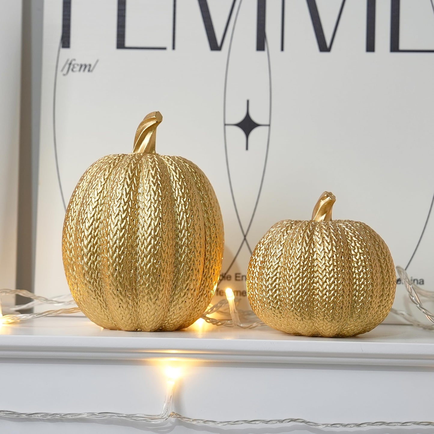 FESTGLOX Pumpkin Fall Decor Indoor - Gold Pumpkin for Decorating, 2Pcs Resin Pumpkins Decor with Woven Effect, Thanksgiving Table Centerpiece, Fireplace, Autumn Harvest Party Decorations