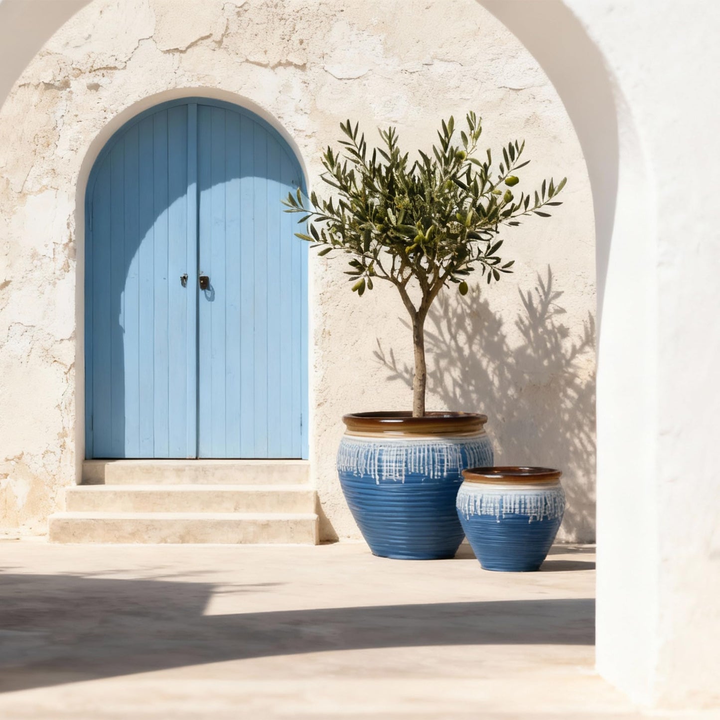 WORTH Clay-Pot-Style Plastic Planters Set of 2 (Large: 17"Dia x 16"H & Small: 13"Dia x 13"H), Blue-Glazed Plant Pot, Round Lightweight Flower Pots with Drainage Hole & Plug for Indoor & Outdoor Use