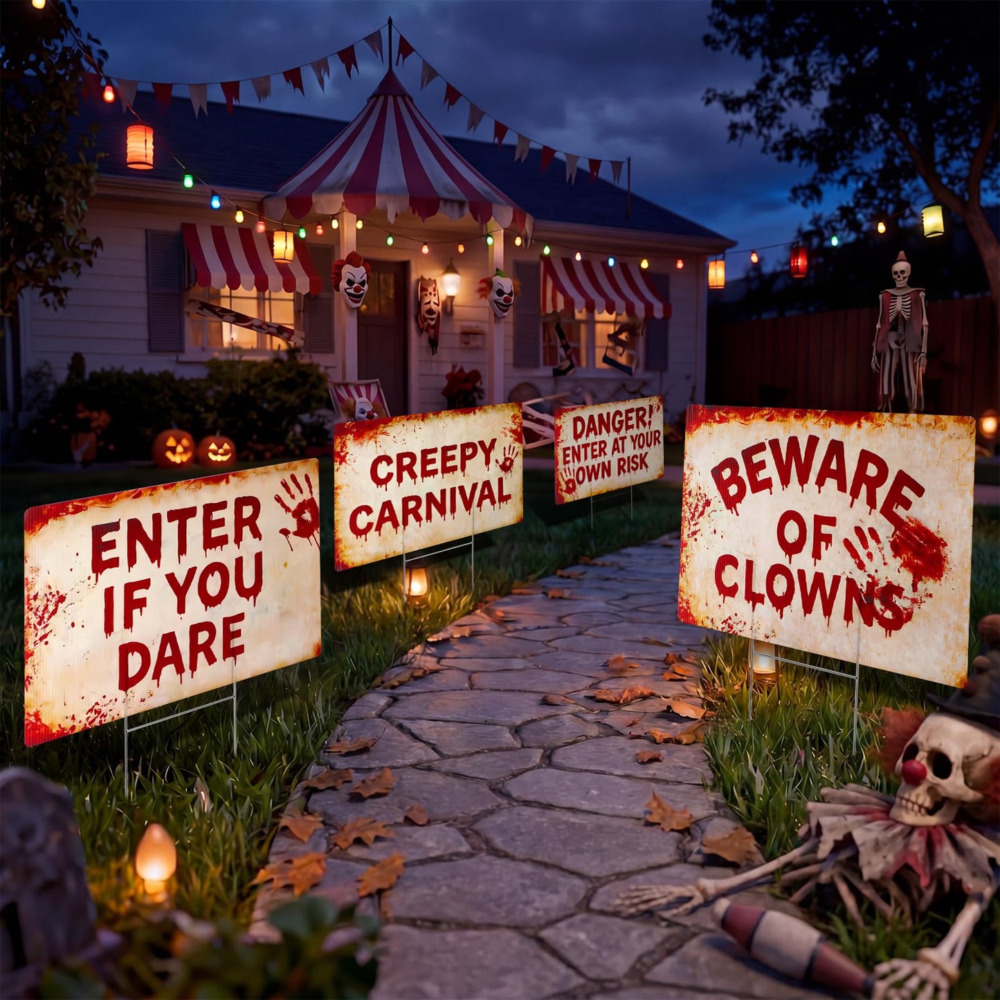 Otoolling 4 Pcs Halloween Terrifying Clown Metal Yard Signs Decor 16 Inch Beware of Clowns Garden Stakes Outdoor Scary Carnival Metal Signs for Halloween Spooky Party Creepy Evil Circus Lawn Decor