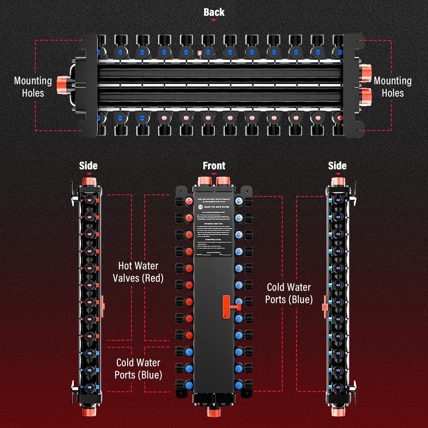 50363 36-Port PEX Manifold | Compatible with viegamanabloc | 22 Cold 14 Hot Full-House Water Distribution |3/4" Inlet 1/2" Zero Lead Alloy PEX Crimp | Leak-ProofValves & Chlorine Resistant