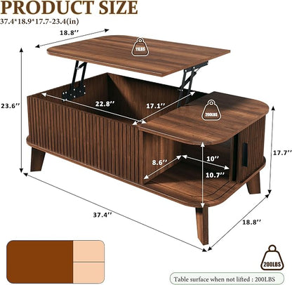 HUAHUU 37.4" Lift Top Coffee Table with Storage, Mid Century Modern Coffee Table with Sliding Fluted Doors for Living Room, Home Office, Walnut