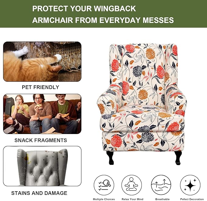 HAOYONG Wing Chair Slipcovers Printed Wingback Chair Covers 2 Pieces Wingback