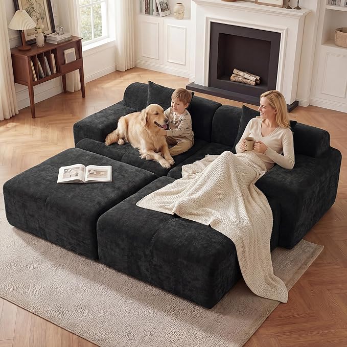 83.5" Boneless Loveseat with 2 Ottoman, Cloud Comfy Sofa Bed, Modular Sofa