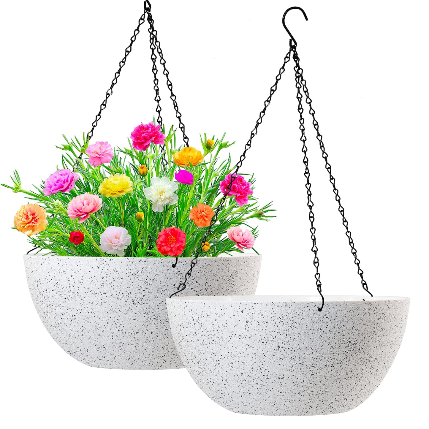 WOUSIWER 13 inch 2Pack Large Hanging Planters for Outdoor Indoor Plants with Drainage Holes and Chain, Round Hanging Flower Pots for Garden Home Porch Decor, White Speckles